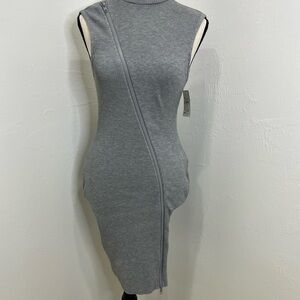 Gray Sleeveless Ribbed Dress Mock Neck Zipper Accent M